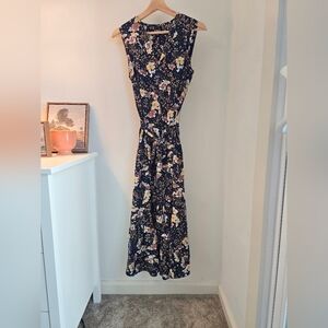 Jones New York Utility Blue Floral Ruffle Sleeveless Midi Dress W/belt Size S